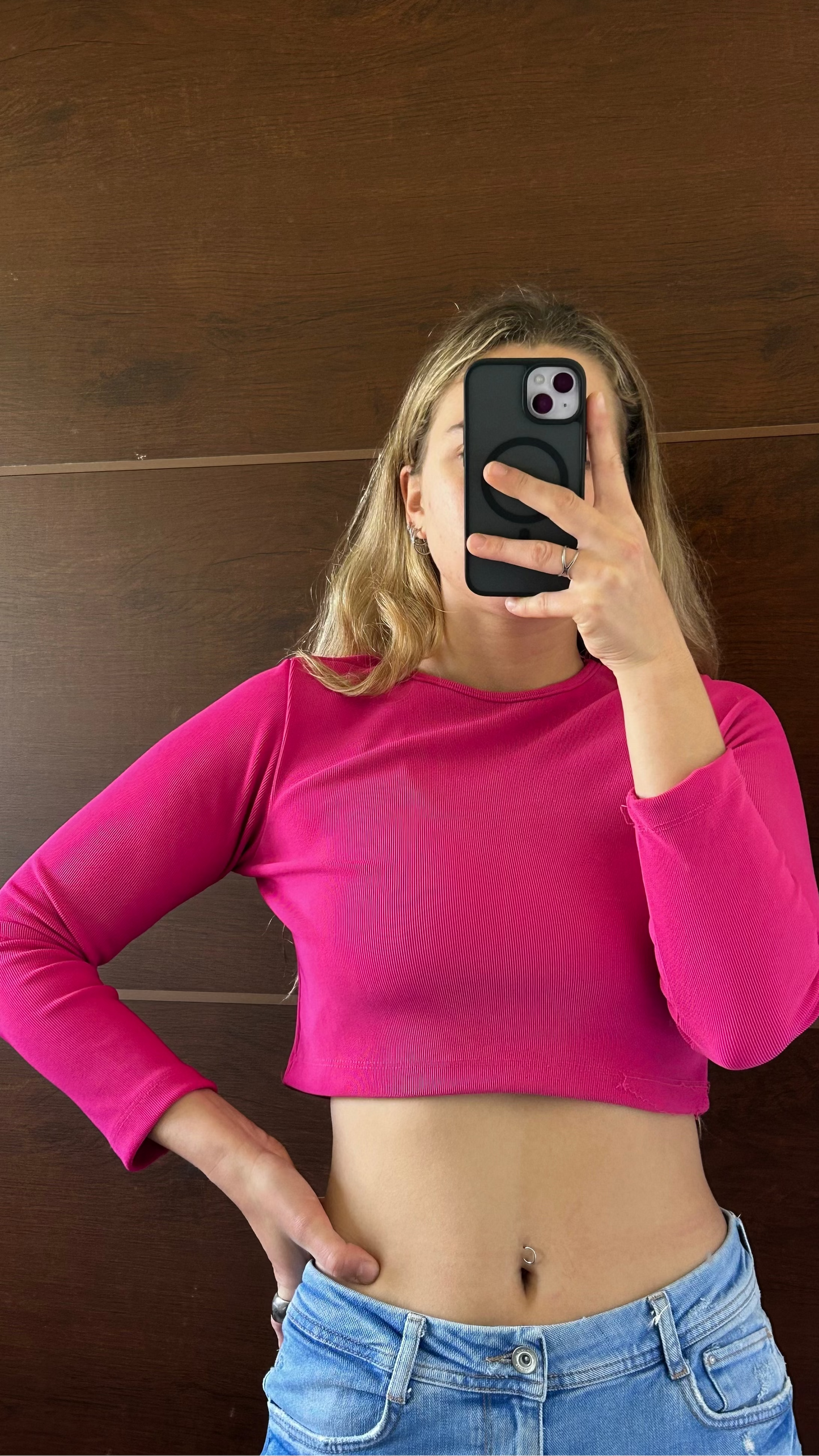 top fuxia rosado manga larga