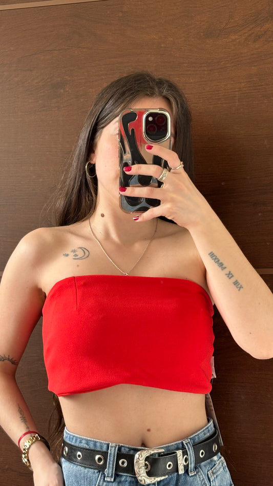top strapless rojo con detalles espalda